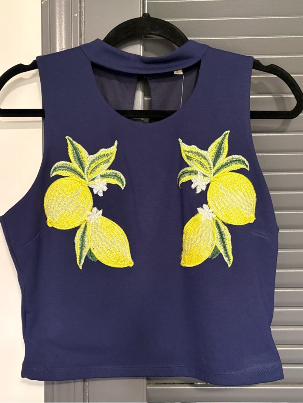 Gianni Bini Navy Crop Top with Yellow Lemon Embroidery